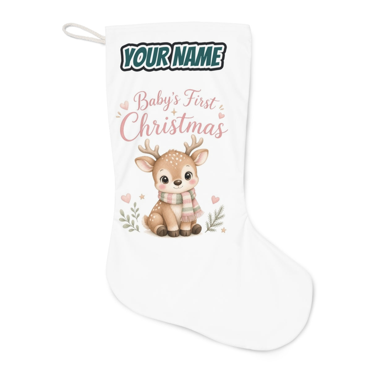 Baby Deer First Christmas Christmas stocking laid flat, showing the full print
