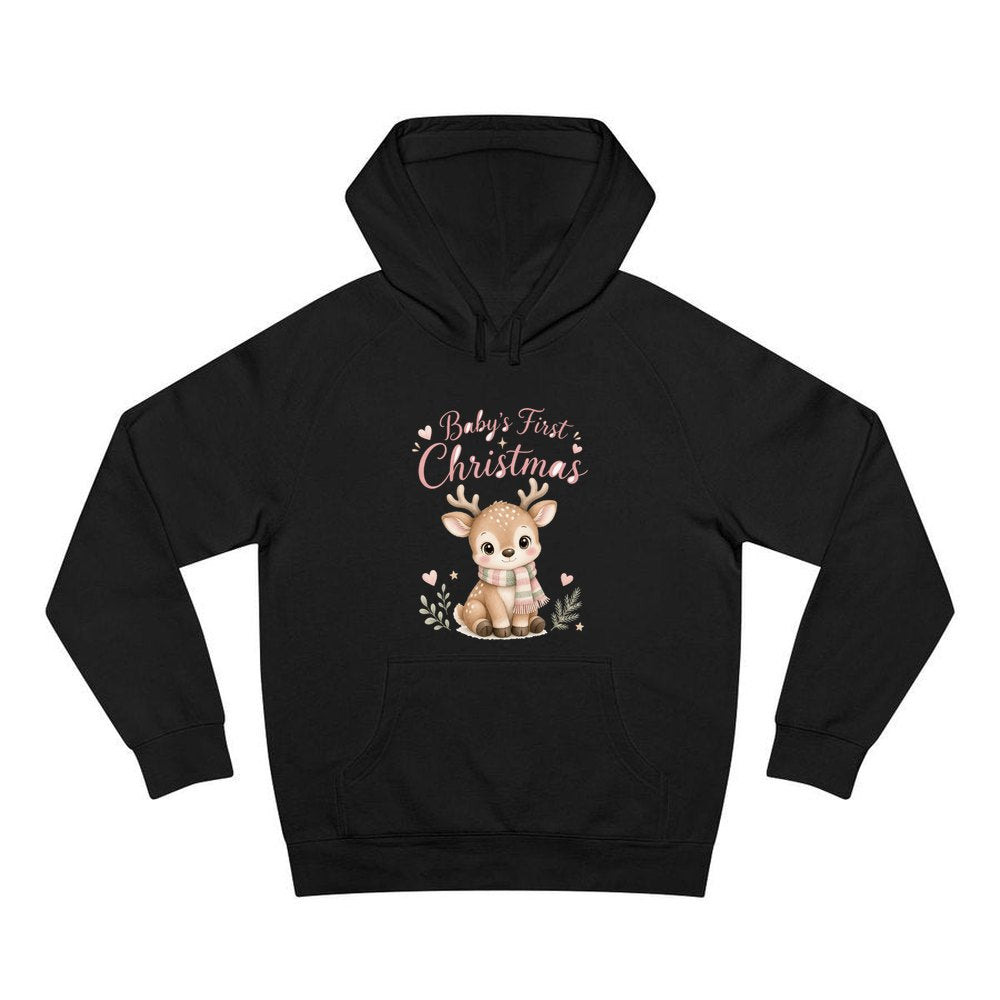 Baby Deer First Christmas personalised Christmas hoodie in black