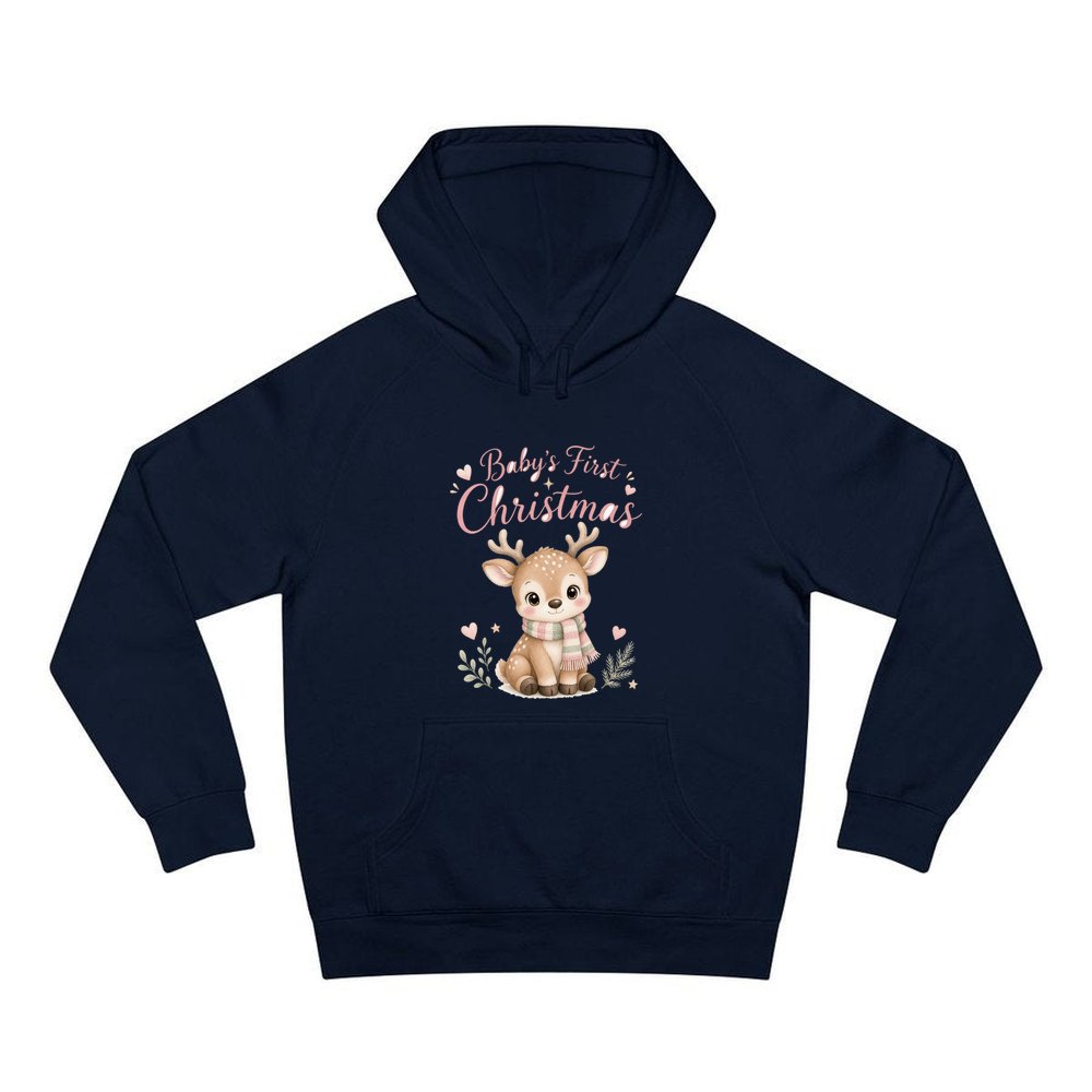 Baby Deer First Christmas personalised Christmas hoodie in navy