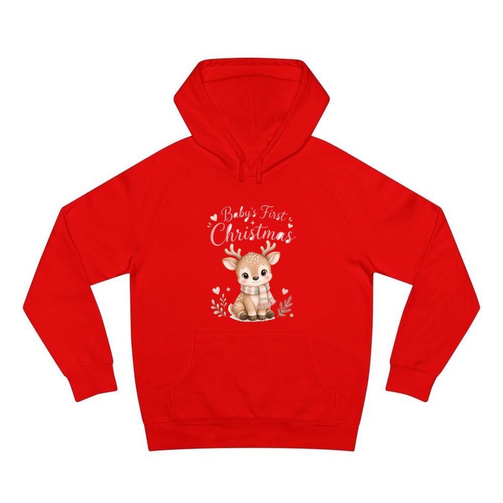 Baby Deer First Christmas personalised Christmas hoodie in red