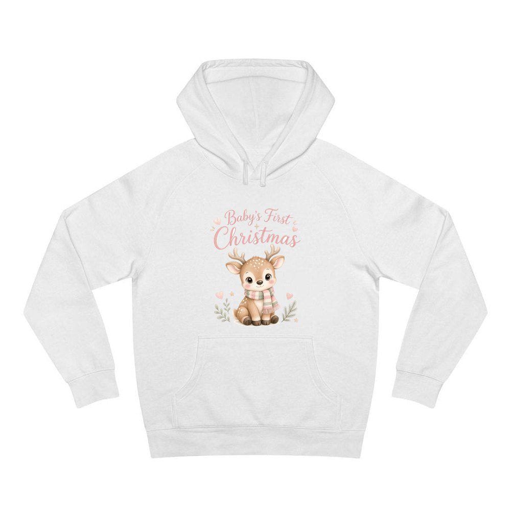Baby Deer First Christmas personalised Christmas hoodie in white