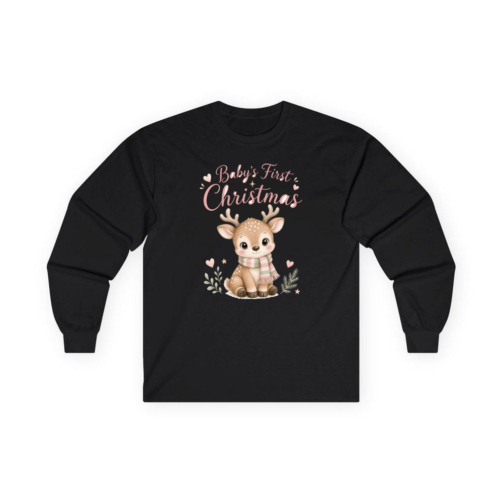 Baby Deer First Christmas personalised long sleeve Christmas T-shirt in black