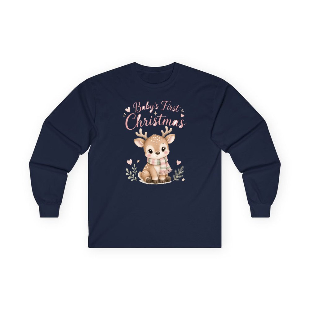Baby Deer First Christmas personalised long sleeve Christmas T-shirt in navy