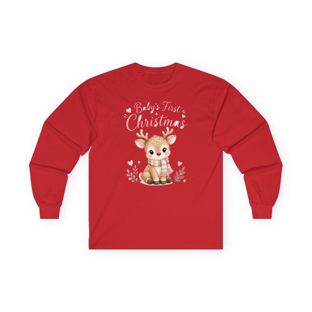 Baby Deer First Christmas personalised long sleeve Christmas T-shirt in red
