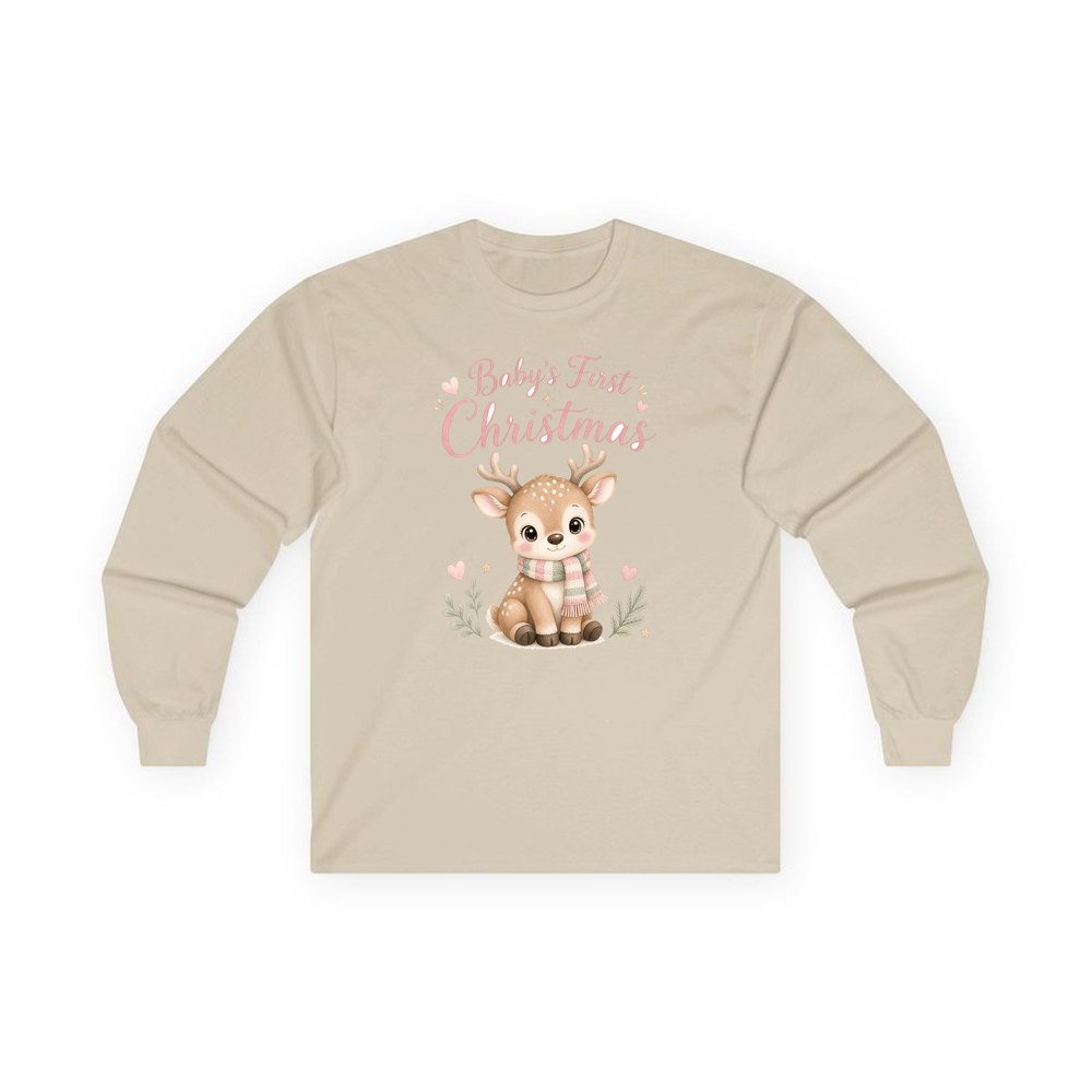 Baby Deer First Christmas personalised long sleeve Christmas T-shirt in sand