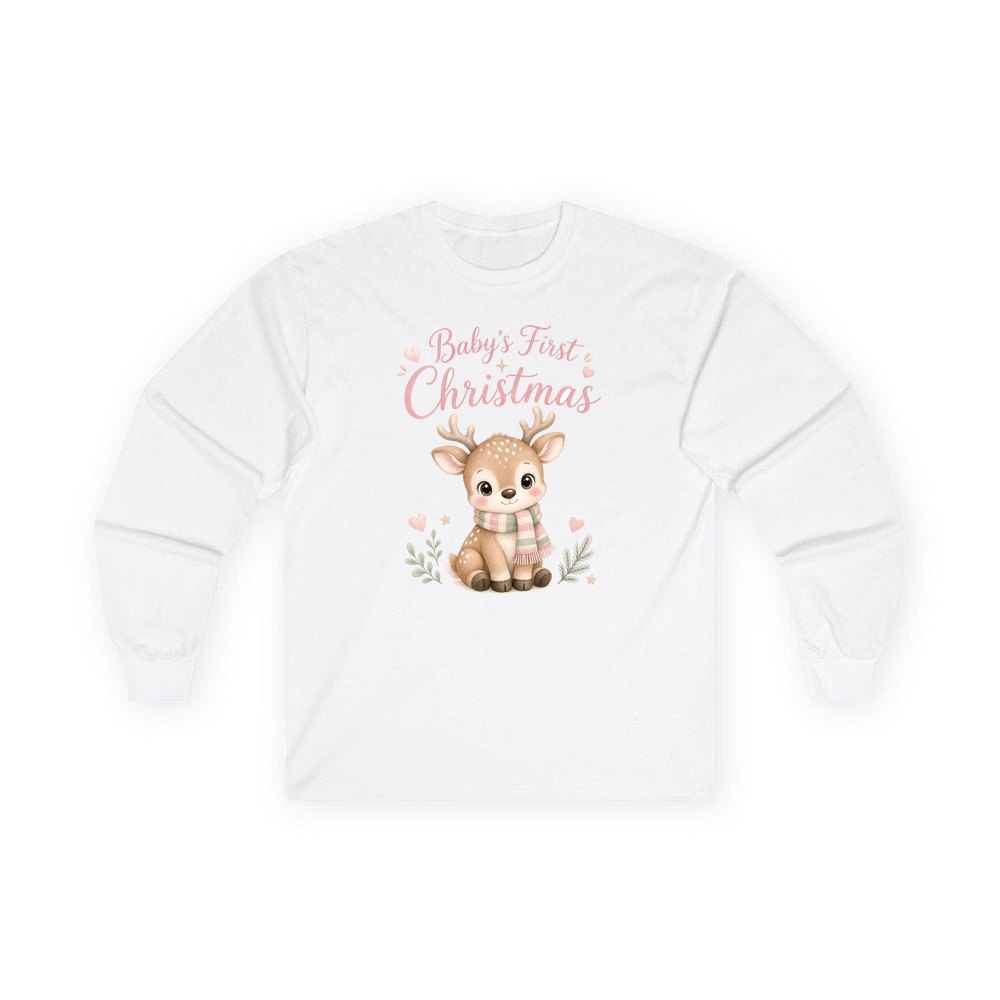 Baby Deer First Christmas personalised long sleeve Christmas T-shirt in white