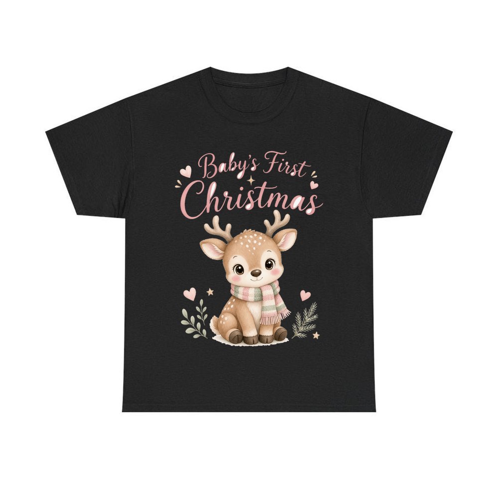 Baby Deer First Christmas personalised Christmas T-shirt in black