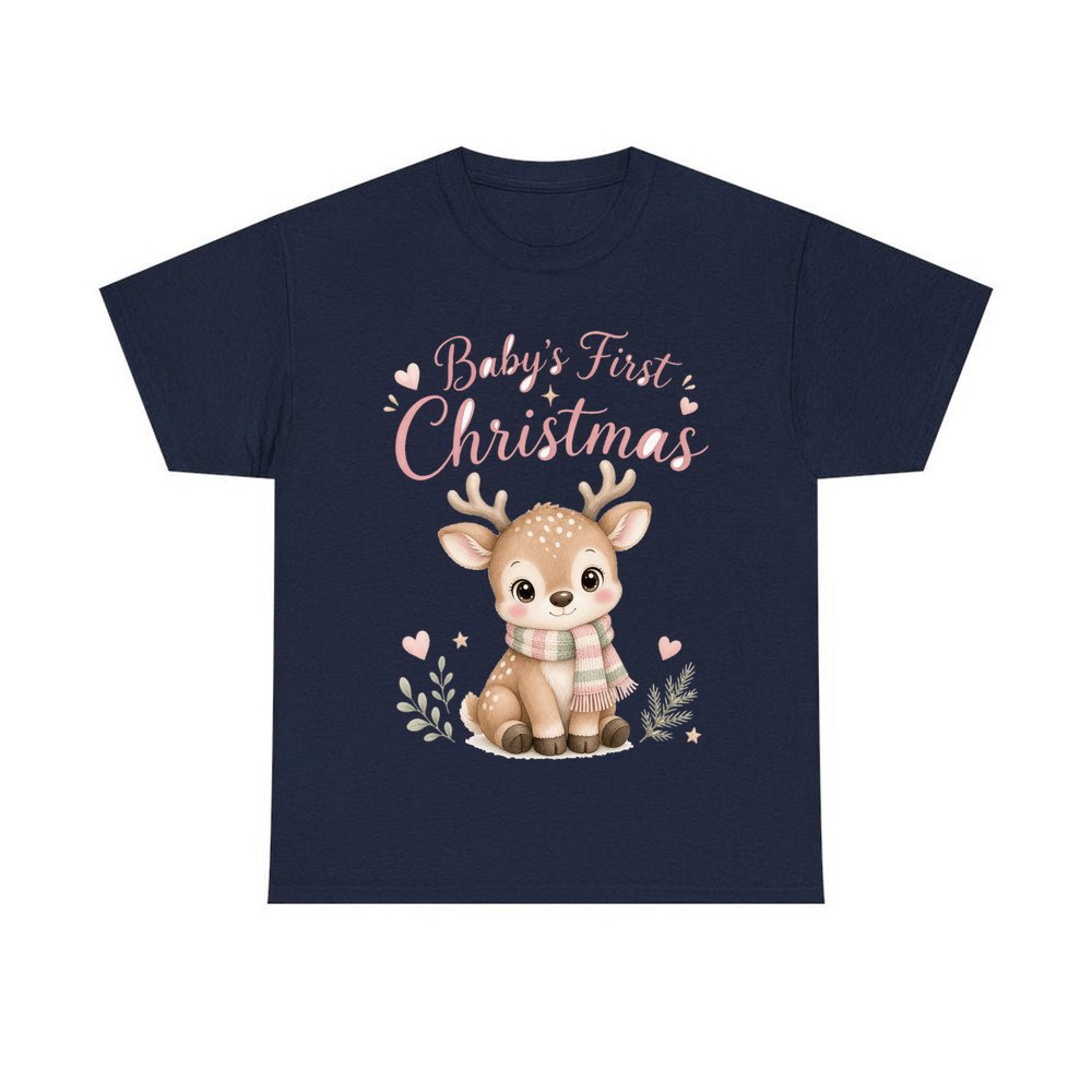 Baby Deer First Christmas personalised Christmas T-shirt in navy