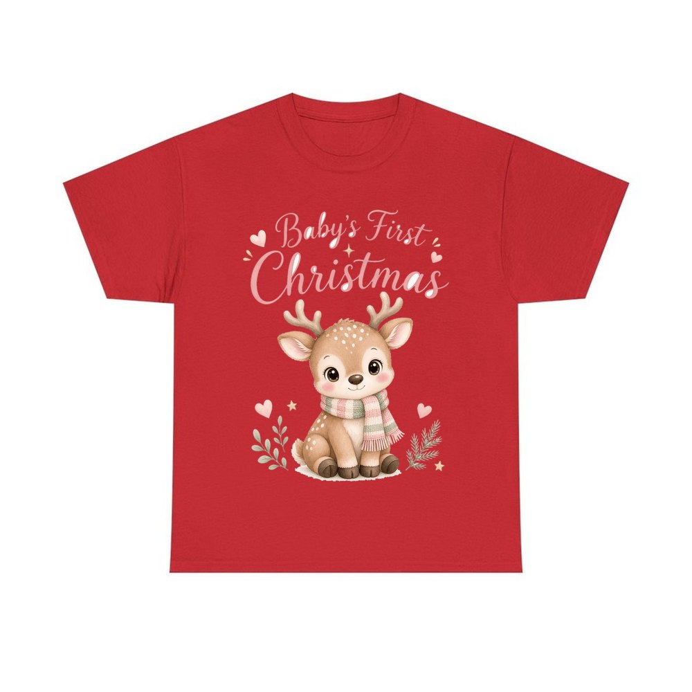 Baby Deer First Christmas personalised Christmas T-shirt in red