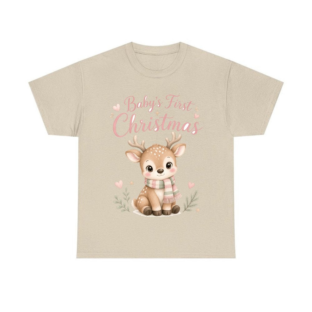 Baby Deer First Christmas personalised Christmas T-shirt in sand