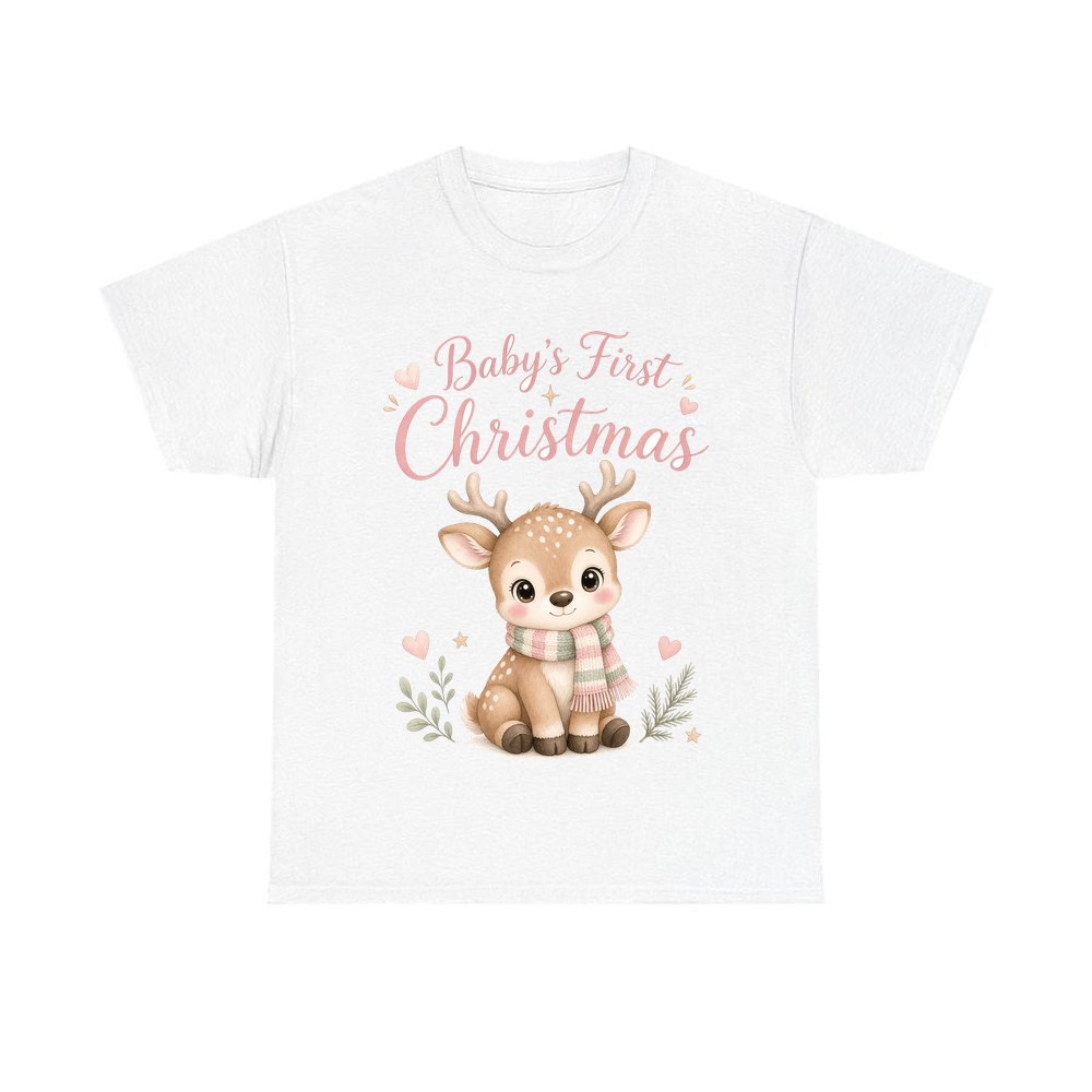 Baby Deer First Christmas personalised Christmas T-shirt in white