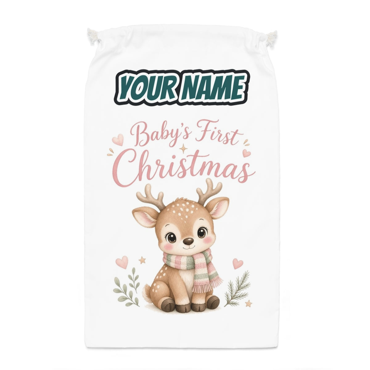 Baby Deer First Christmas Santa sack laid flat, showing the full print