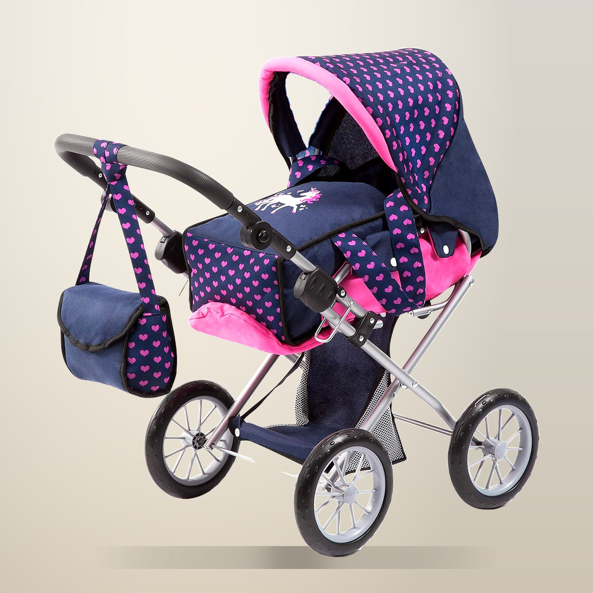 VIKUS Baby Doll Pram, Polka Dot, Blue and Pink, on a plain cream background