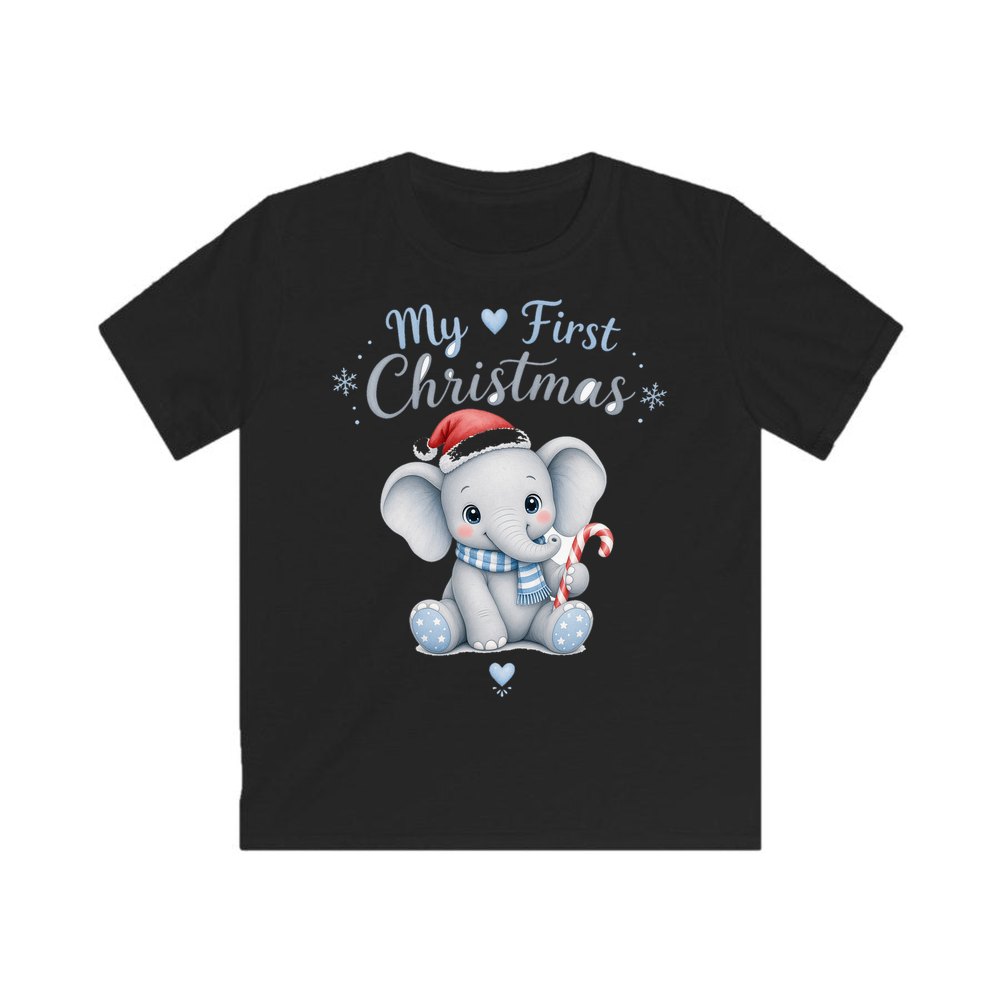 Baby Elephant First Christmas personalised kids Christmas tee in black