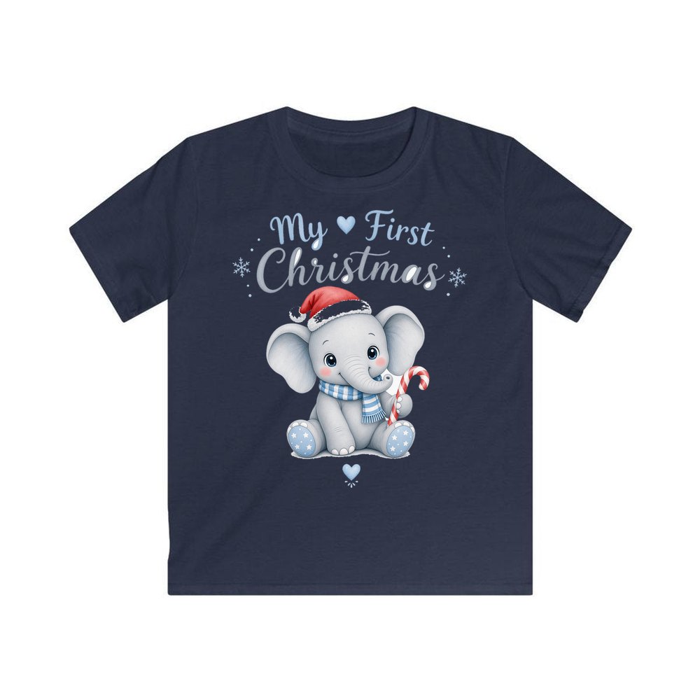 Baby Elephant First Christmas personalised kids Christmas tee in navy