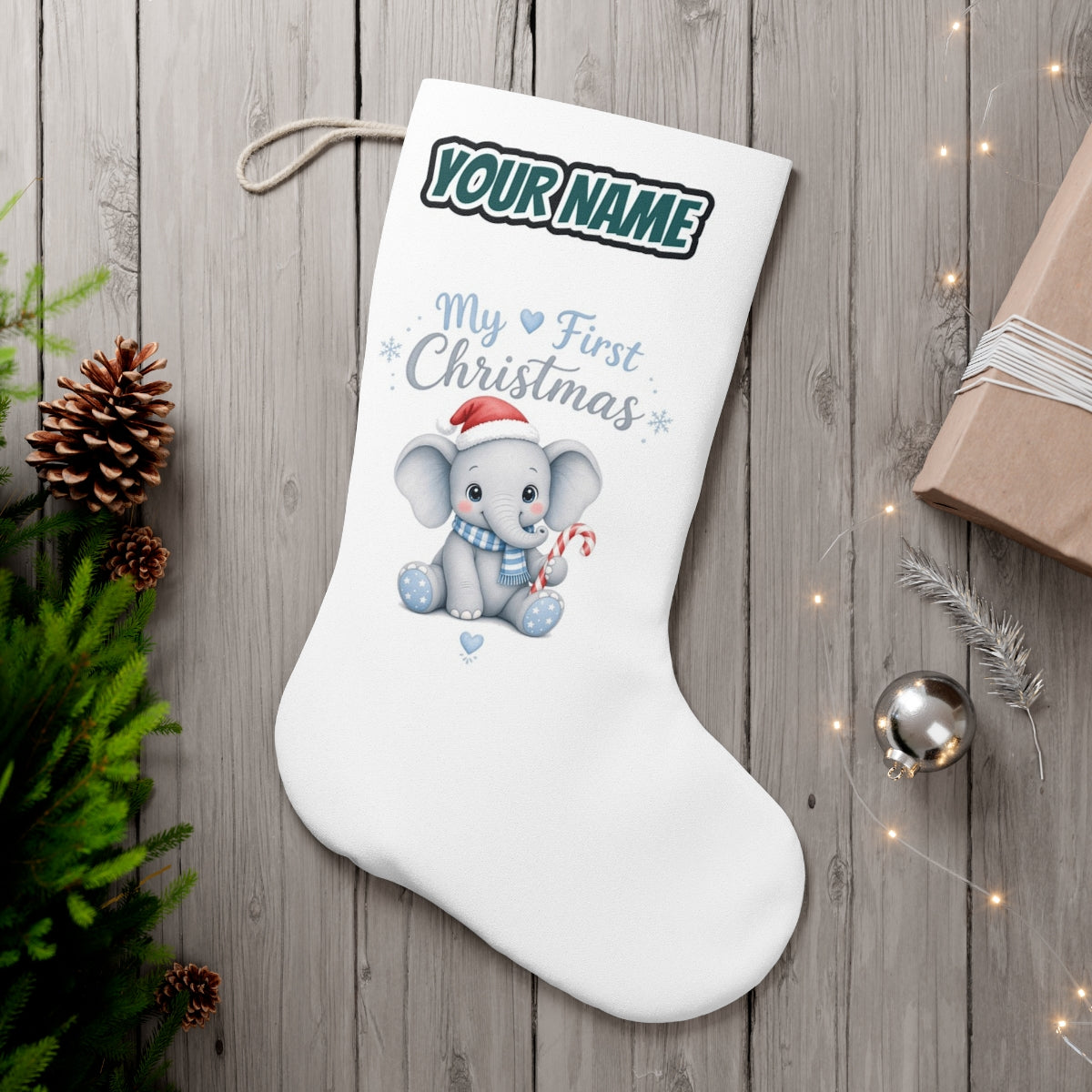 Baby Elephant First Christmas personalised Christmas stocking, white, with the name across the top