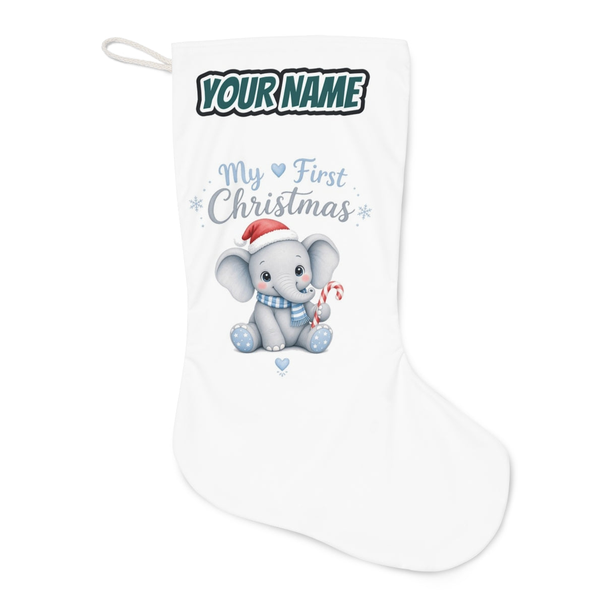Baby Elephant First Christmas Christmas stocking laid flat, showing the full print