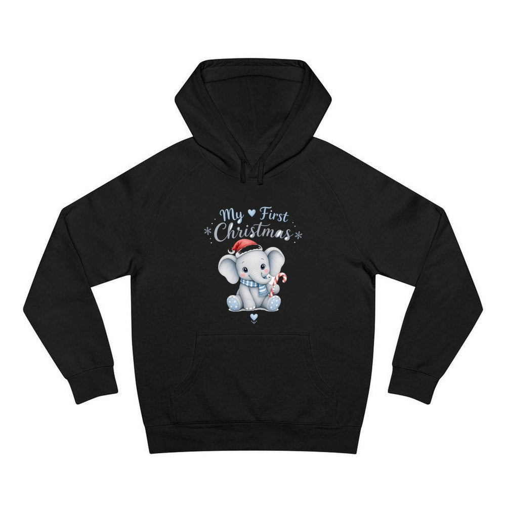 Baby Elephant First Christmas personalised Christmas hoodie in black
