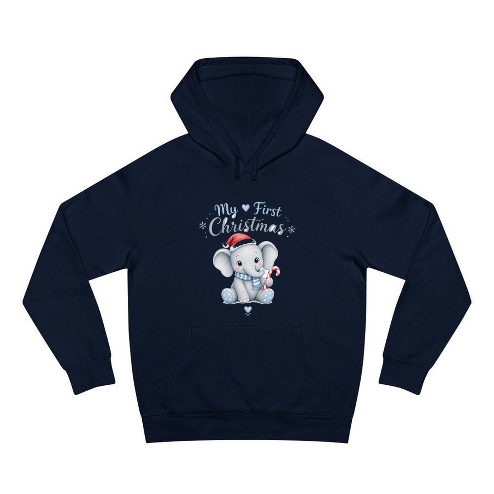 Baby Elephant First Christmas personalised Christmas hoodie in navy