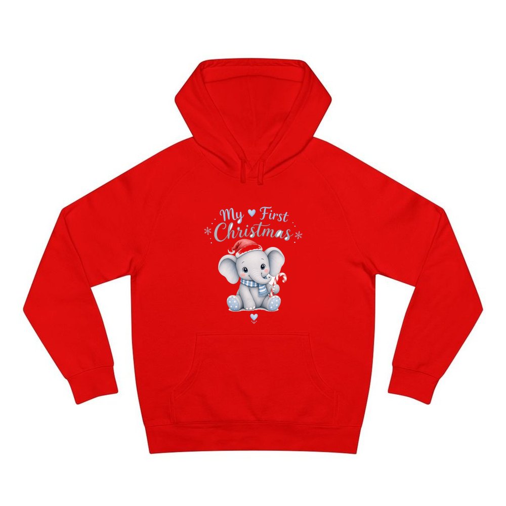 Baby Elephant First Christmas personalised Christmas hoodie in red