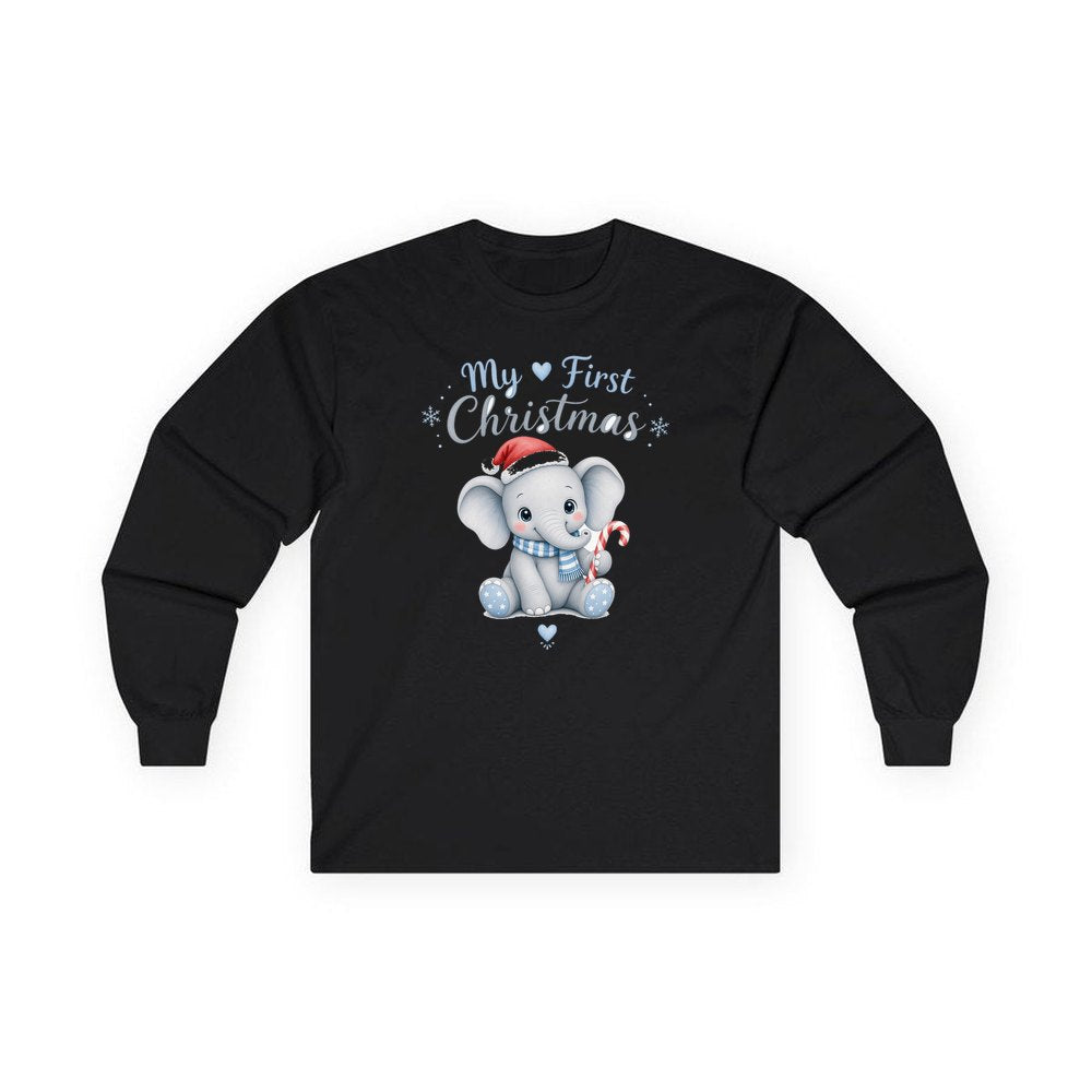 Baby Elephant First Christmas personalised long sleeve Christmas T-shirt in black