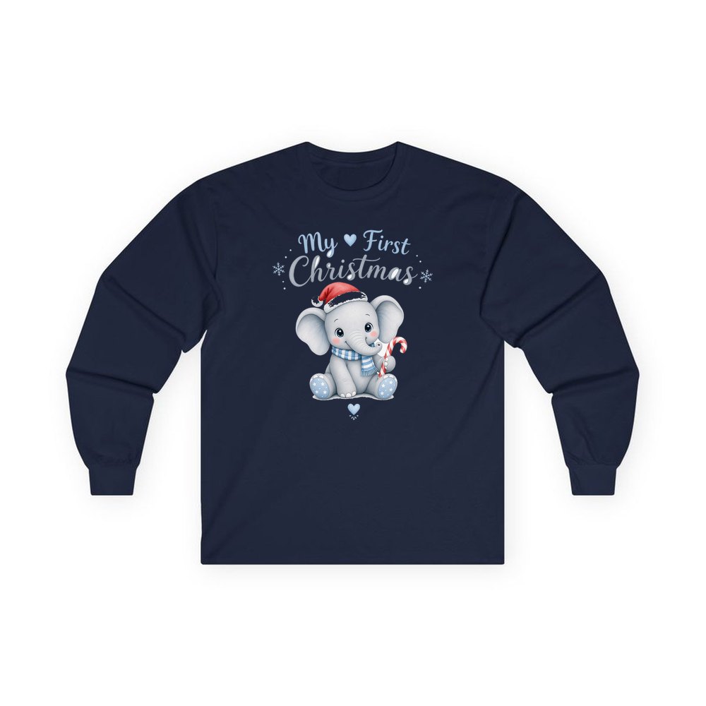 Baby Elephant First Christmas personalised long sleeve Christmas T-shirt in navy