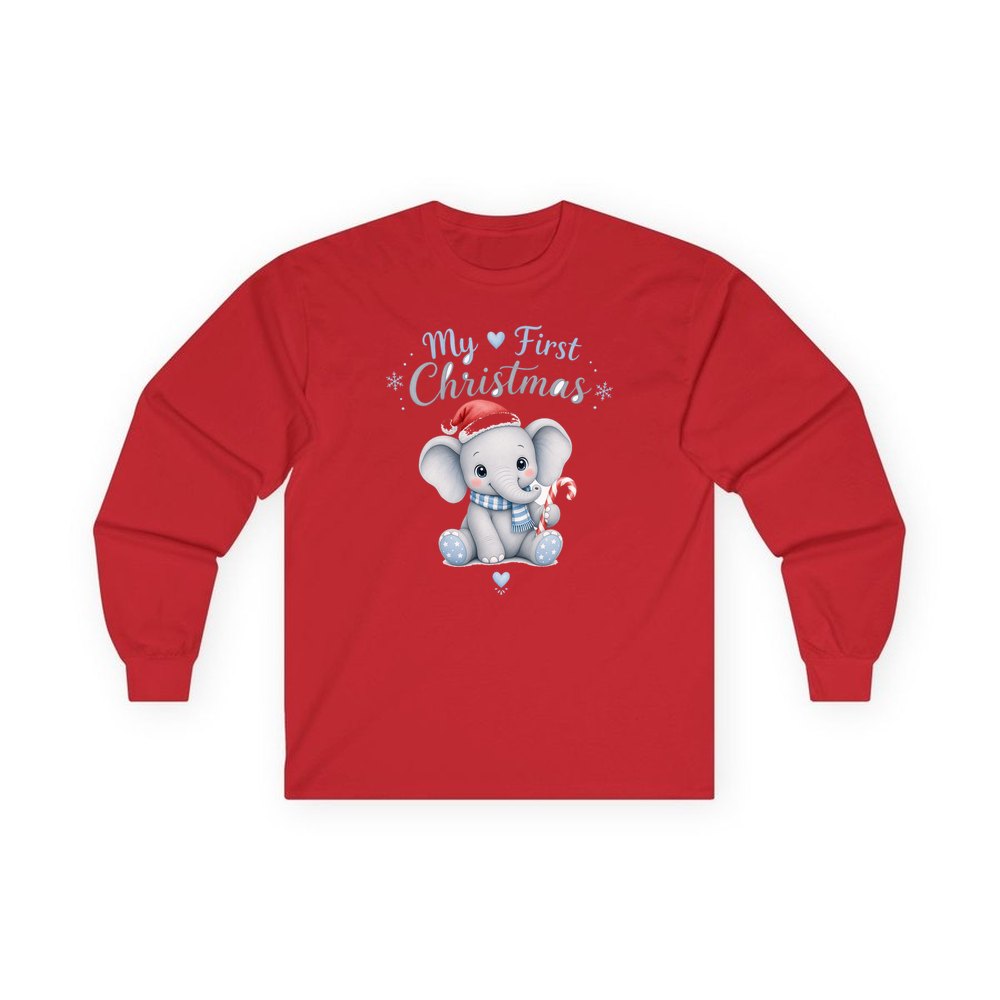 Baby Elephant First Christmas personalised long sleeve Christmas T-shirt in red