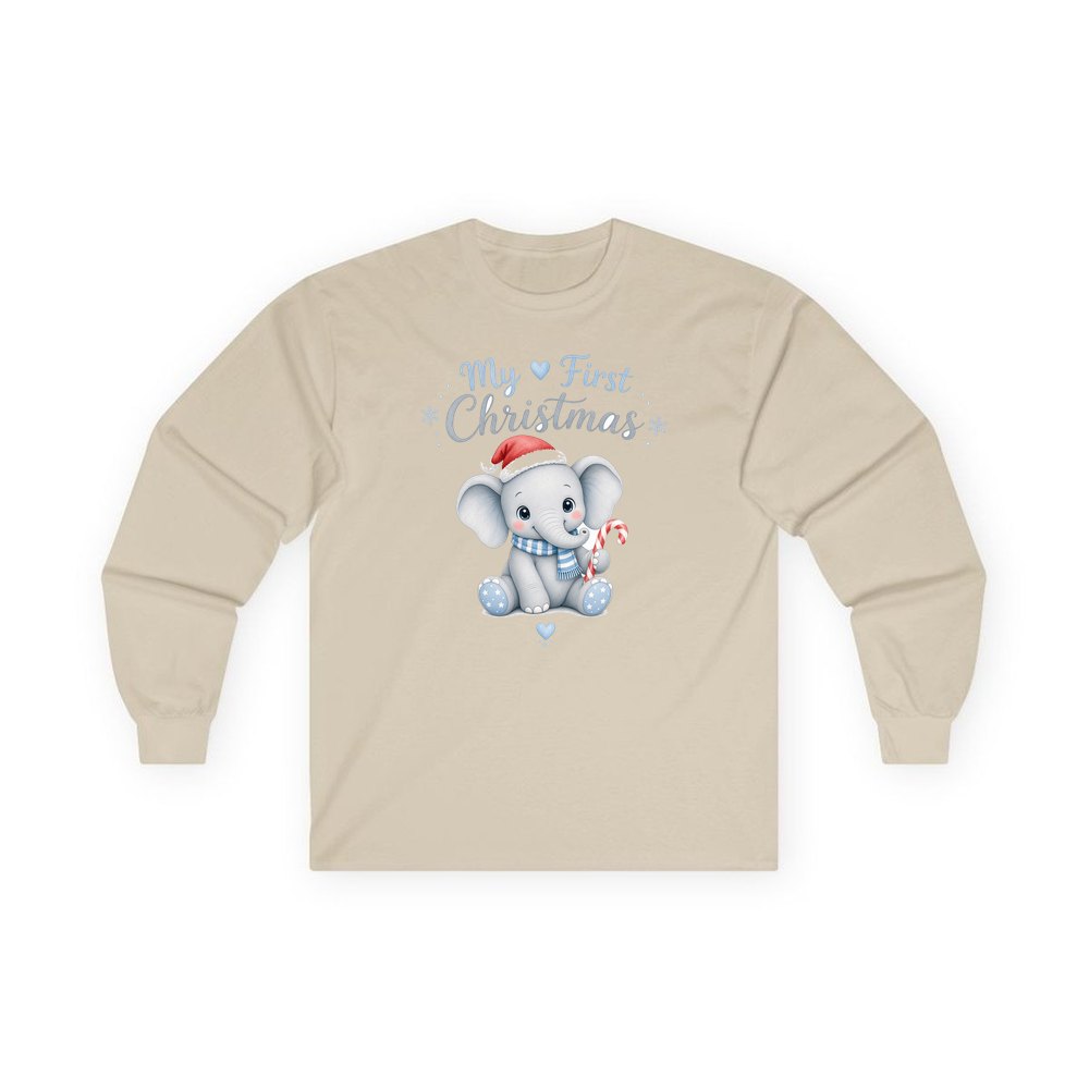Baby Elephant First Christmas personalised long sleeve Christmas T-shirt in sand