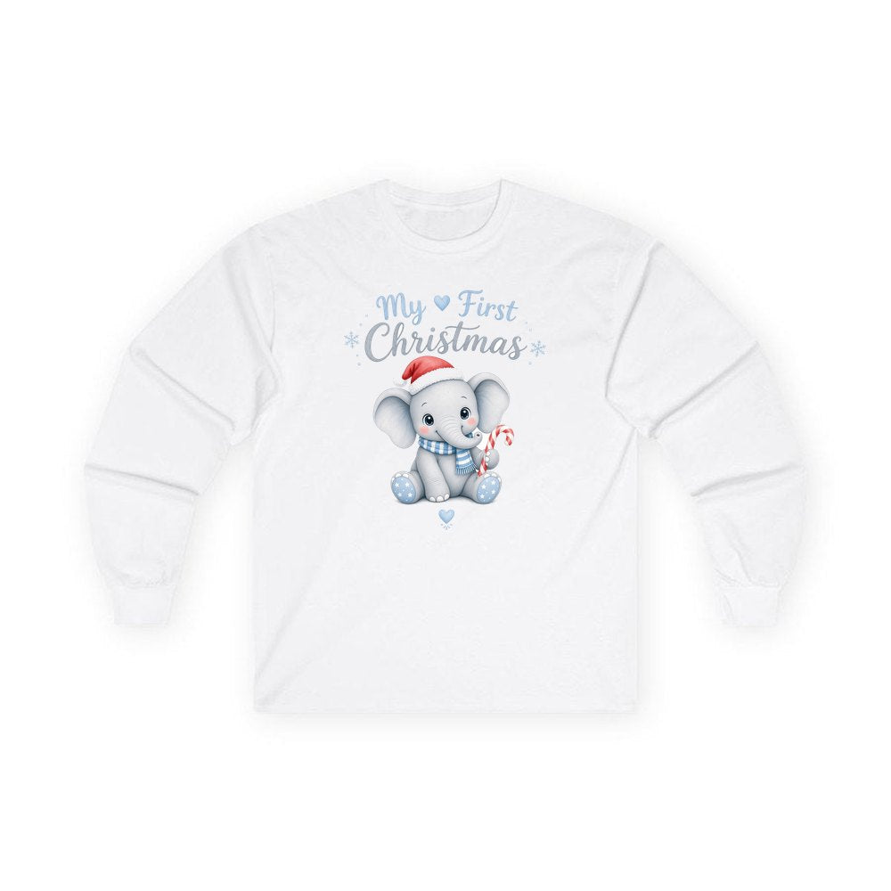 Baby Elephant First Christmas personalised long sleeve Christmas T-shirt in white