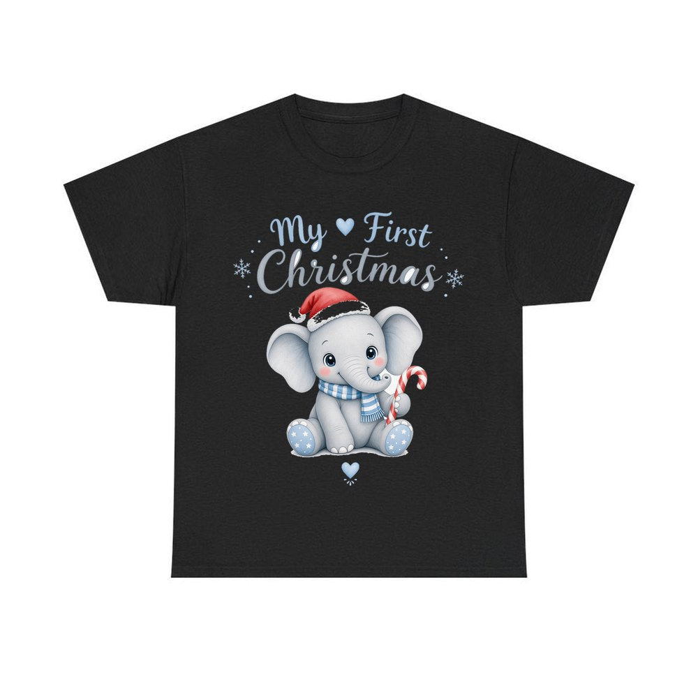Baby Elephant First Christmas personalised Christmas T-shirt in black