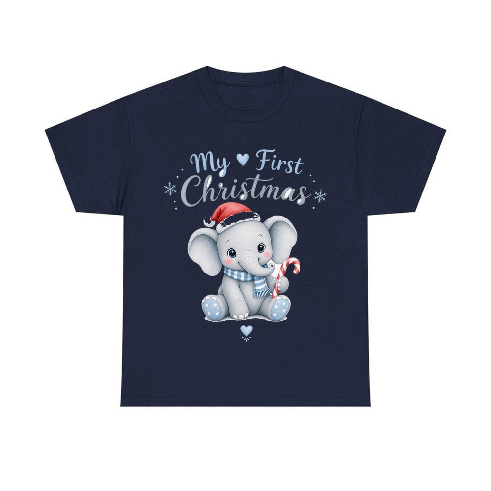 Baby Elephant First Christmas personalised Christmas T-shirt in navy