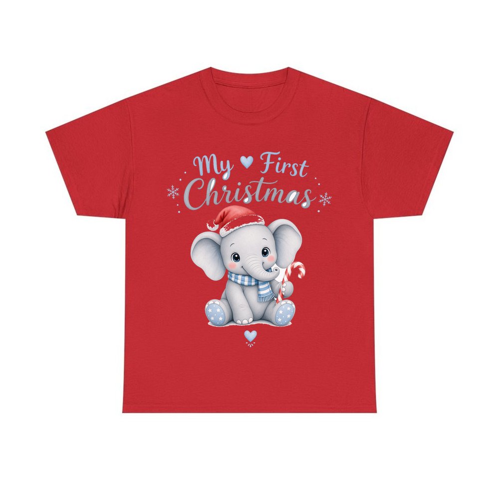 Baby Elephant First Christmas personalised Christmas T-shirt in red