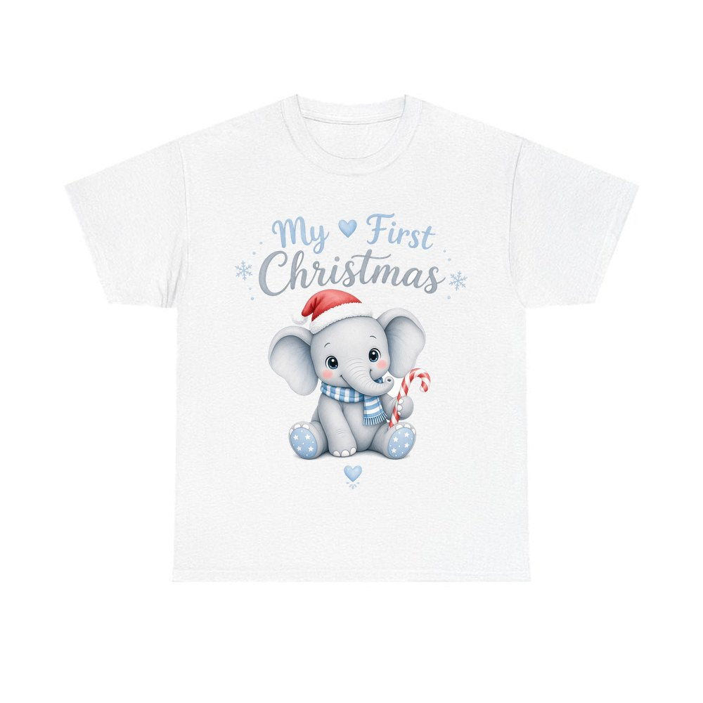 Baby Elephant First Christmas personalised Christmas T-shirt in white