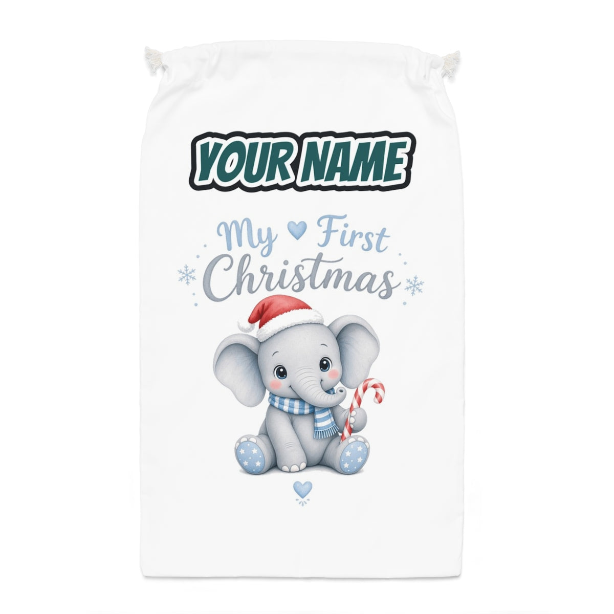 Baby Elephant First Christmas Santa sack laid flat, showing the full print