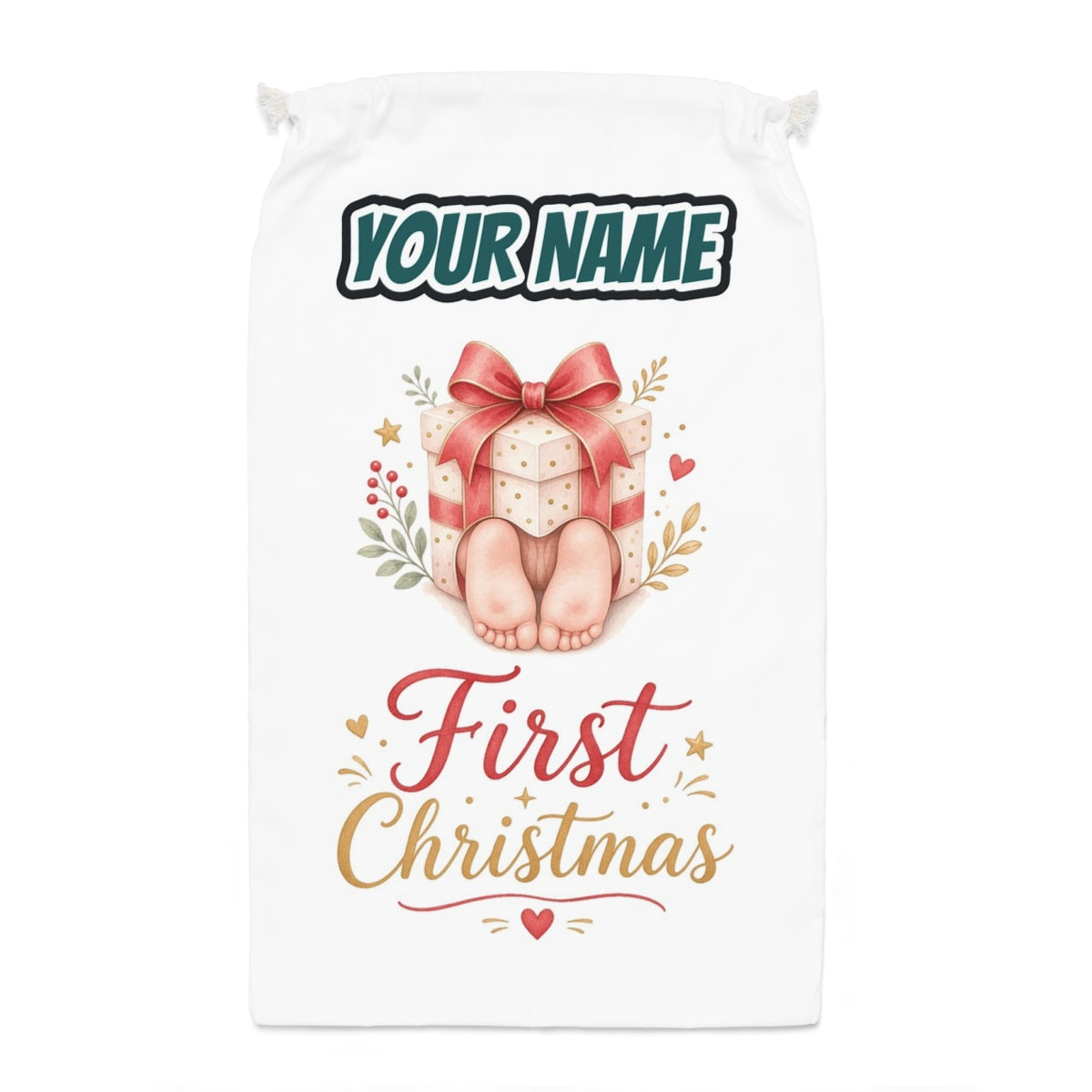 Baby Feet First Christmas Santa sack laid flat, showing the full print