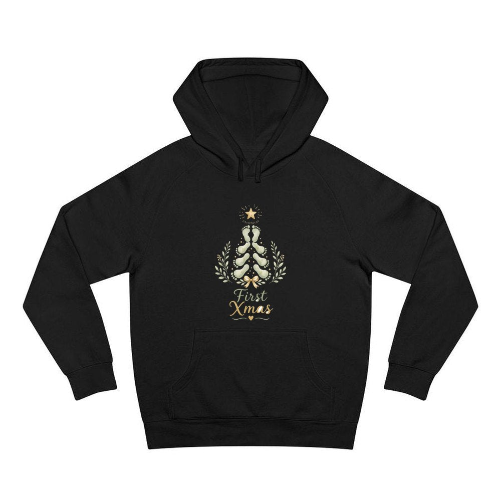 Baby Footprint Christmas Tree personalised Christmas hoodie in black