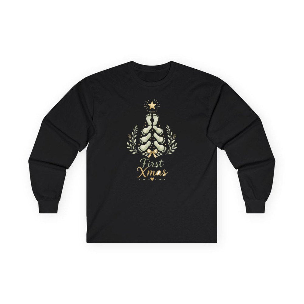 Baby Footprint Christmas Tree personalised long sleeve Christmas T-shirt in black
