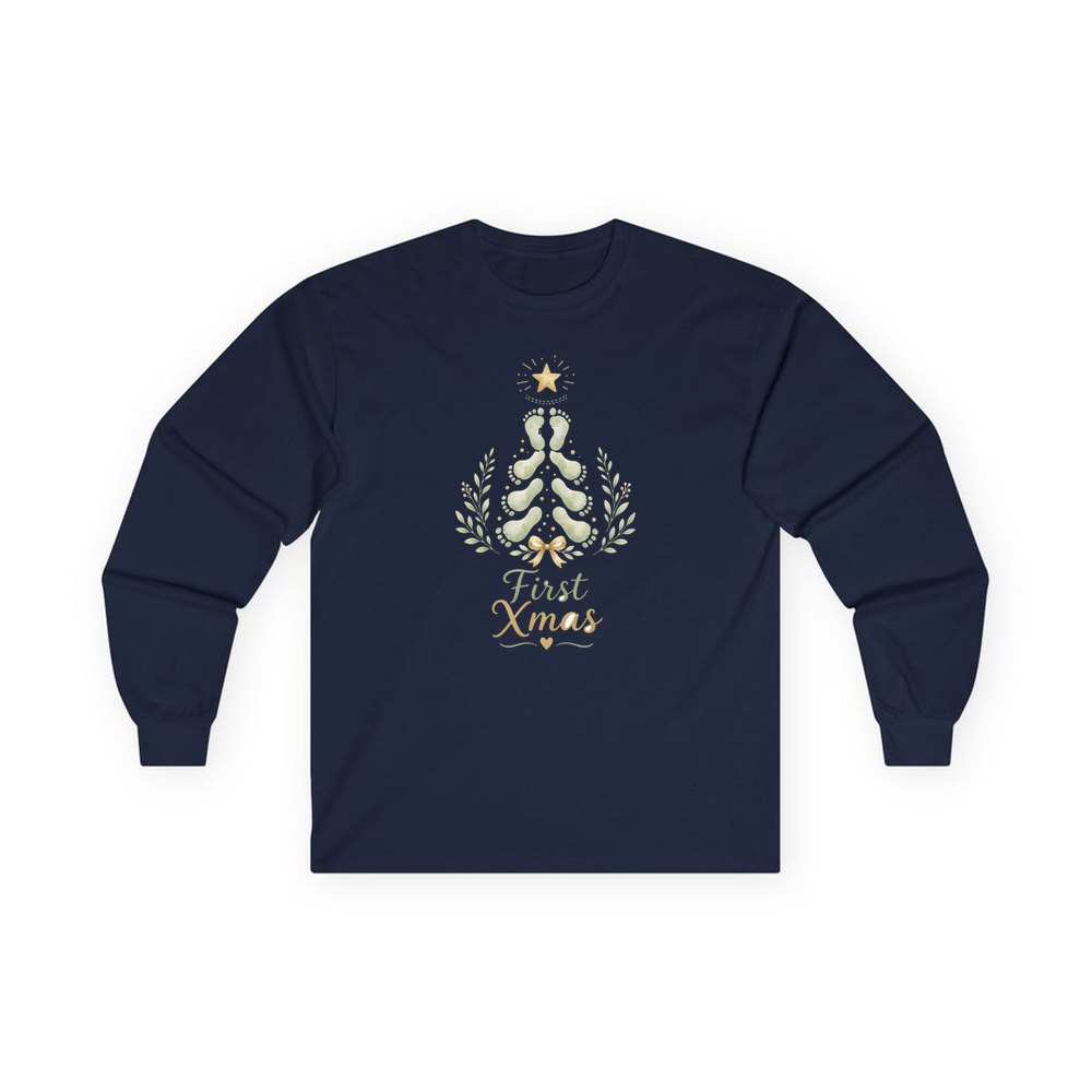 Baby Footprint Christmas Tree personalised long sleeve Christmas T-shirt in navy