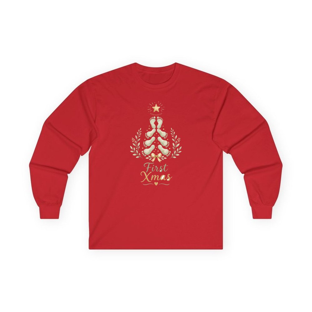 Baby Footprint Christmas Tree personalised long sleeve Christmas T-shirt in red