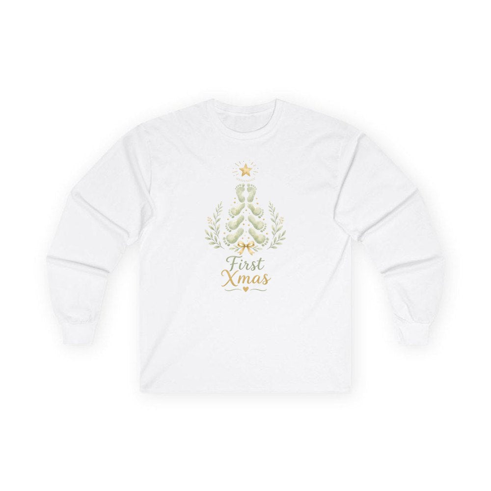 Baby Footprint Christmas Tree personalised long sleeve Christmas T-shirt in white