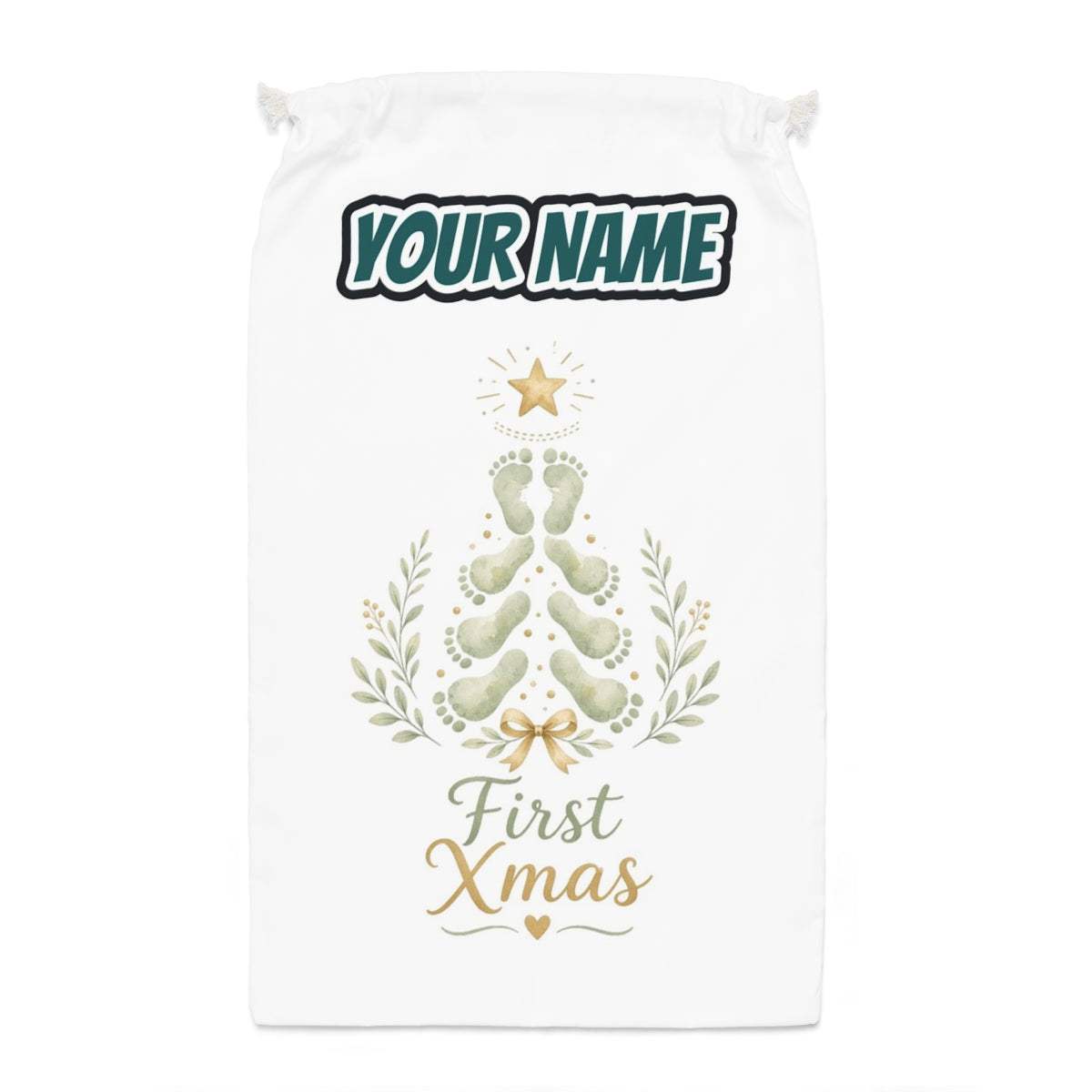 Baby Footprint Christmas Tree Santa sack laid flat, showing the full print