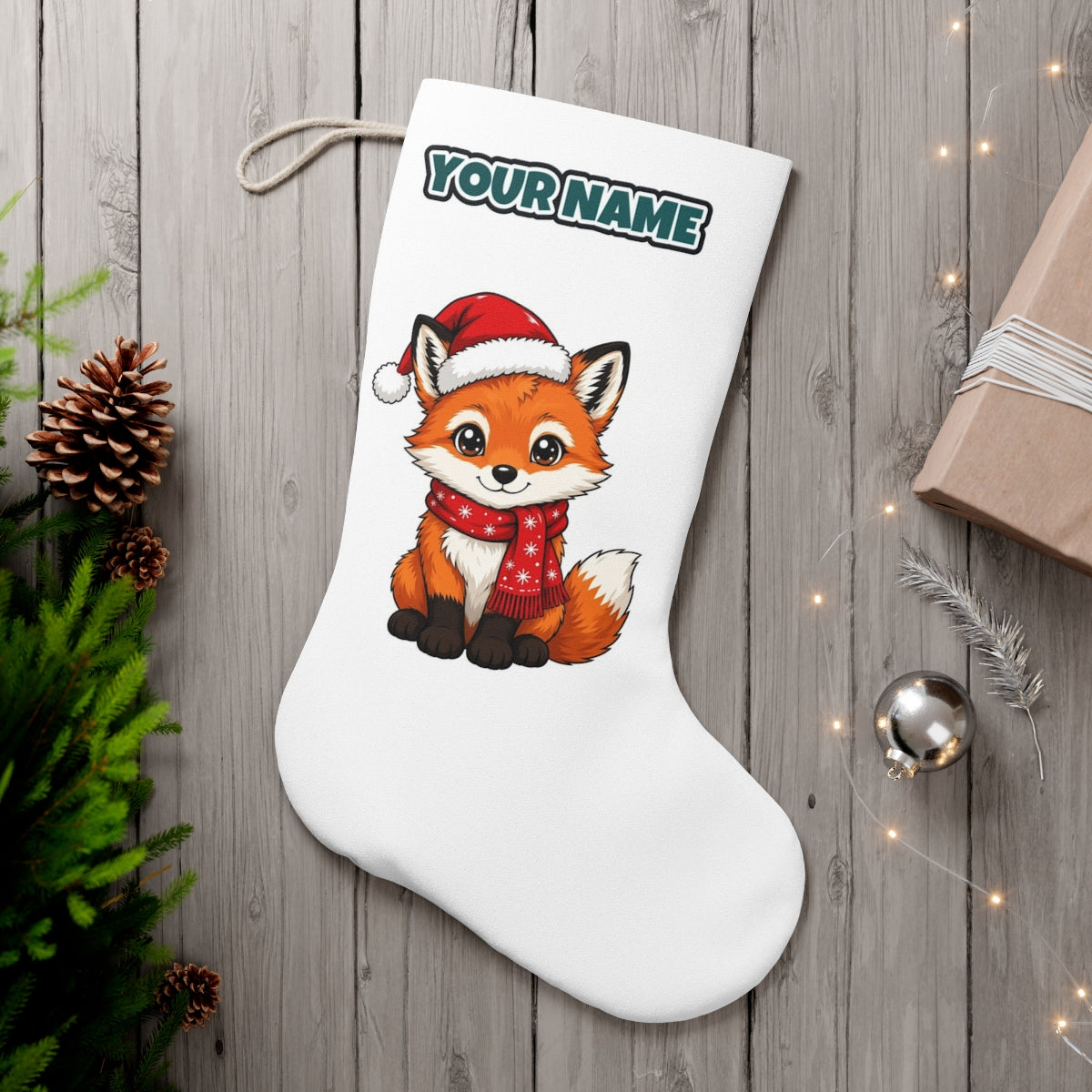 Baby Fox In Santa Hat personalised Christmas stocking, white, with the name across the top