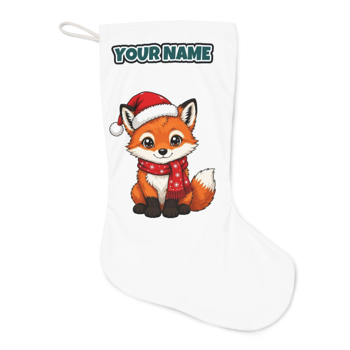 Baby Fox In Santa Hat Christmas stocking laid flat, showing the full print