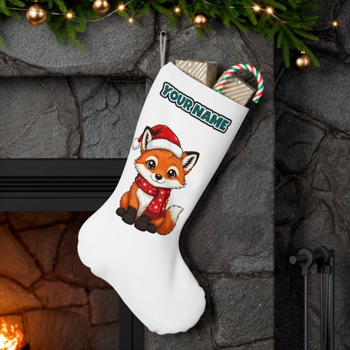 Baby Fox In Santa Hat personalised Christmas stocking hanging on a mantel