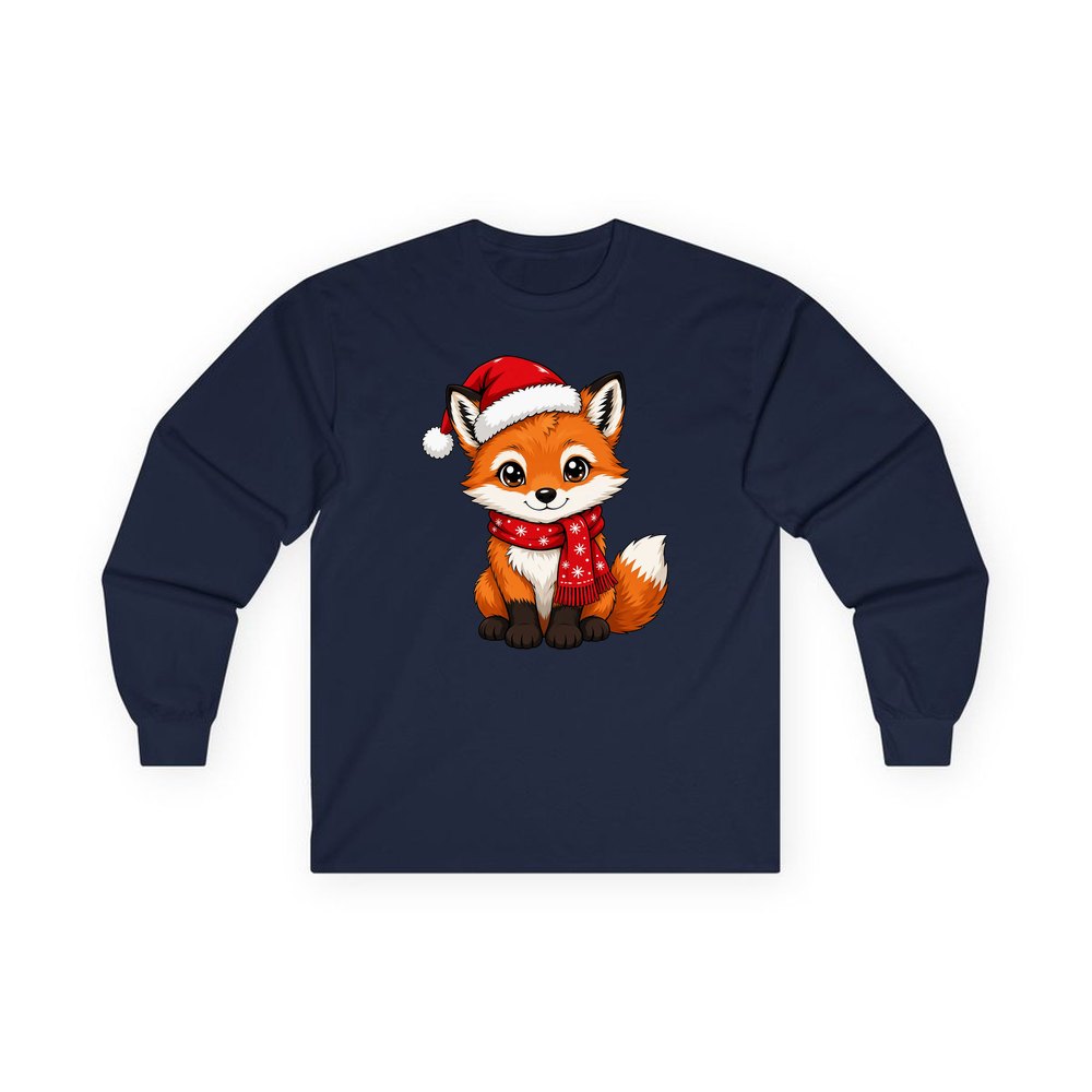 Baby Fox In Santa Hat personalised long sleeve Christmas T-shirt in navy