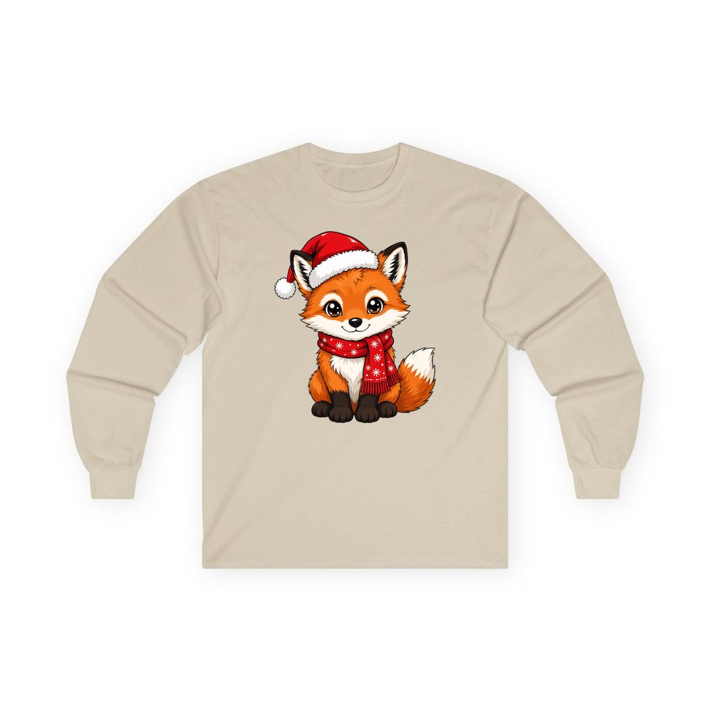 Baby Fox In Santa Hat personalised long sleeve Christmas T-shirt in sand