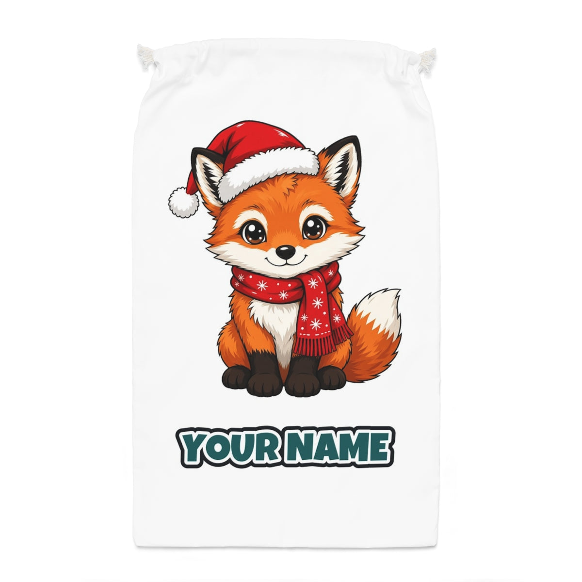 Baby Fox In Santa Hat Santa sack laid flat, showing the full print