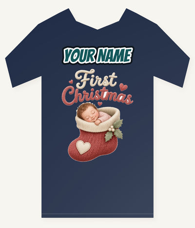 Baby In A Christmas Stocking Personalised Kids Tee and Baby Bodysuit