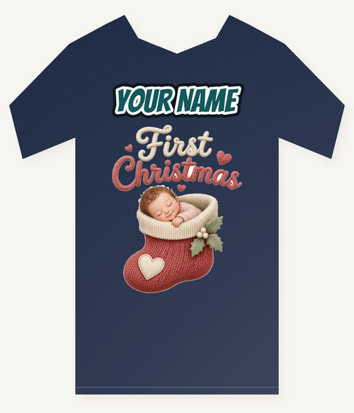 Baby In A Christmas Stocking Personalised Kids and Baby Christmas Tee