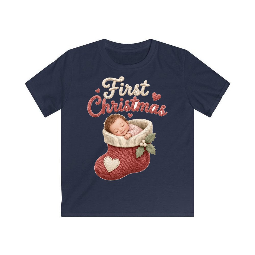 Baby In A Christmas Stocking personalised kids Christmas tee in navy
